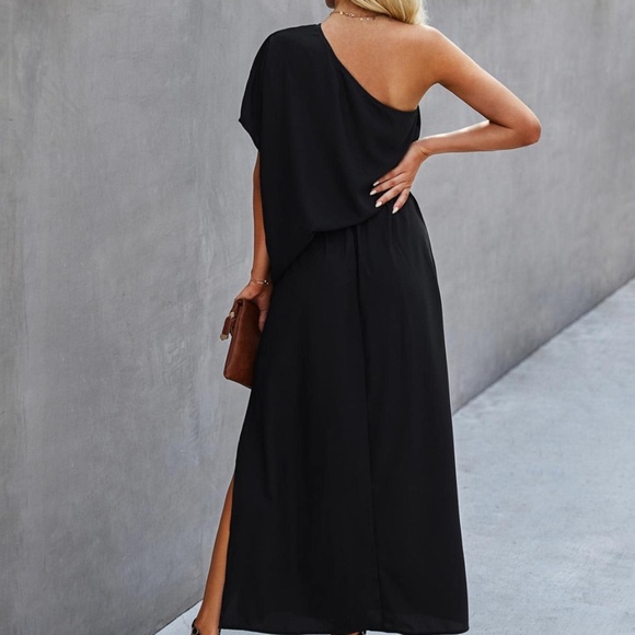 black one shoulder side slit maxi dress classic - Picture 2 of 3